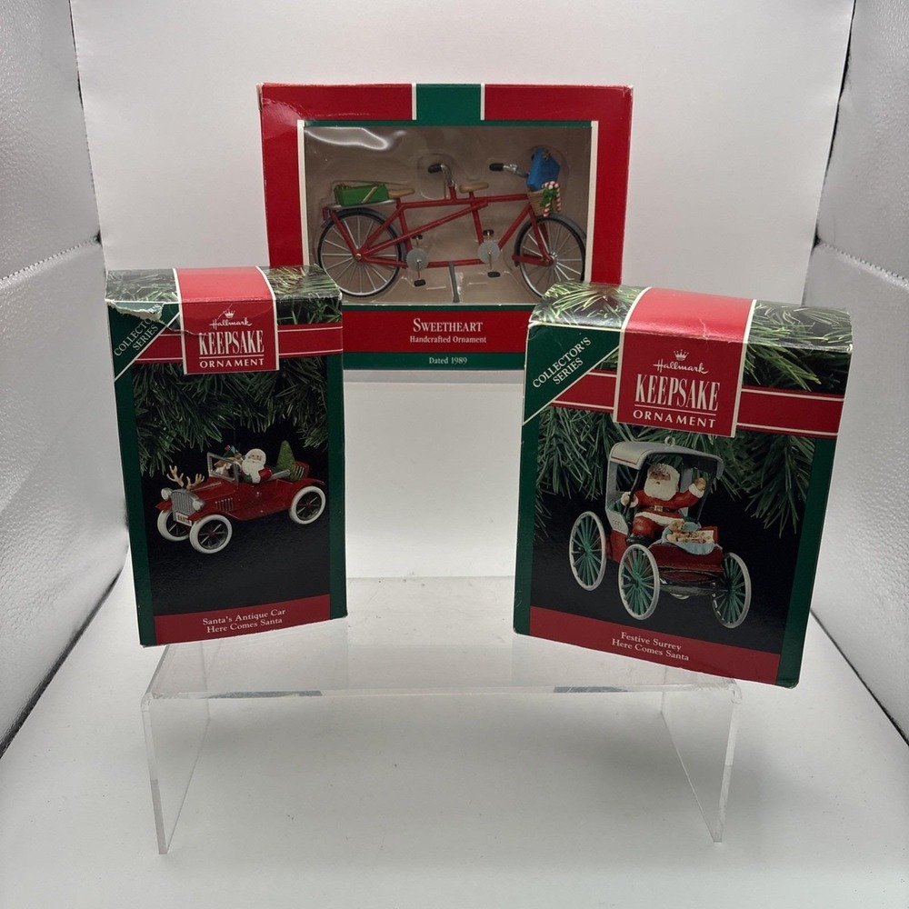 Vtg~Hallmark Ornaments~Santa's Antique Car/Festive Surrey/Sweetheart Bike for 2